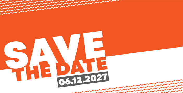 Modern Save The Date Vector Banner with Bold Diagonal Typography and Wavy Line Accents