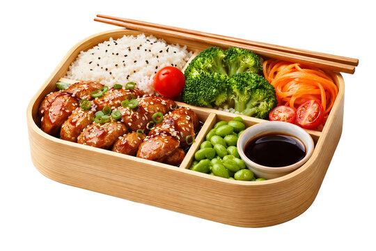 Japanese Bento Box with Teriyaki Chicken, Rice and Vegetables  isolated on transparent background