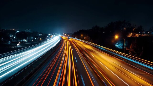 A nighttime highway scene captured in a , showcasing vibrant light trails of cars moving swiftly through an urban landscape.