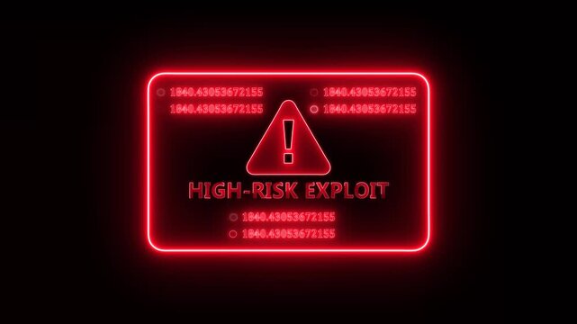 Red neon high risk exploit cyber security warning interface animation with glowing digital vulnerability alert panel, futuristic hacker attack and network security display