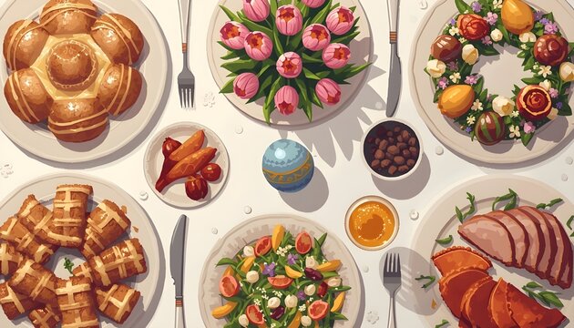 A beautifully set table with a variety of delicious food and flowers for a special occasion