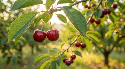 Ripe Cherries Hanging on Tree in Orchard &ndash; Fresh Red Cherry Fruit in Natural Farm