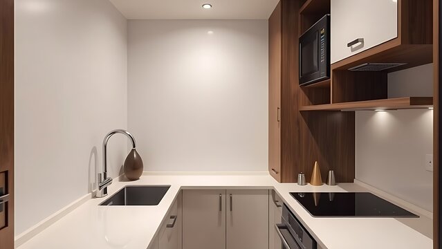 knack. Compact kitchenette with clean counters and soft lighting, functional small space. lifestyle magazines, social media lookbooks, designed for lifestyle magazines and social media content.