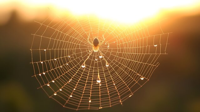 cynicism. A delicate spiderweb holding morning dew in soft sunrise light. wildlife magazines, conservation campaigns, designed for eco-tourism storytelling, celebrates biodiversity.