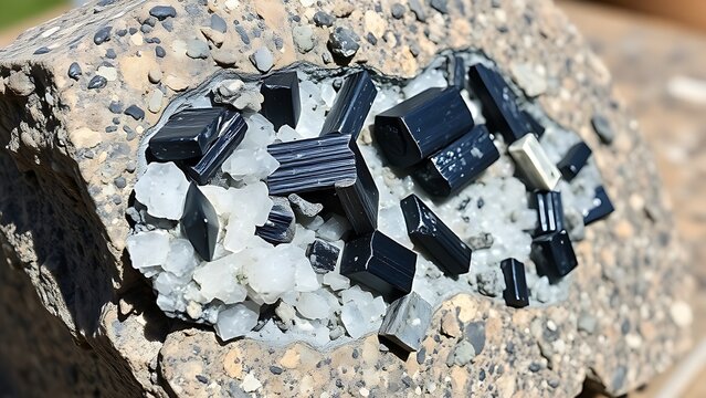 pegmatite. Granite pegmatite specimen with black tourmaline and white feldspar crystals. gardening catalogs, home-decor guides, designed for gardening and botanical catalogs, celebrates nature.