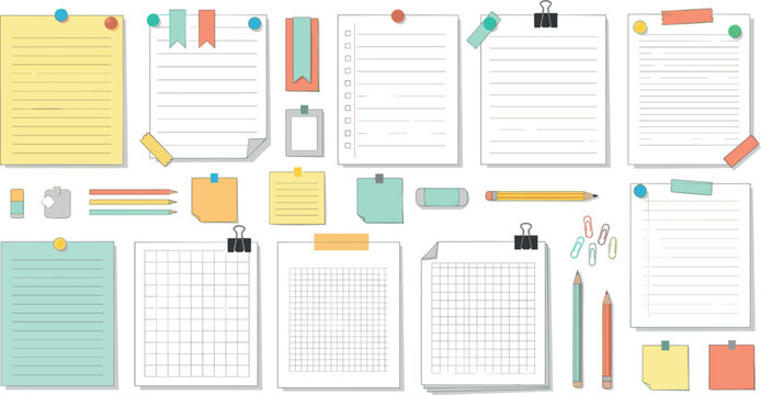 Office stationery note papers and checklist sheets collection with clips pins pencils and sticky notes vector set