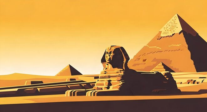 Egyptian Sphinx and Pyramids Vector Landscape in Warm Tones, Travel Destination