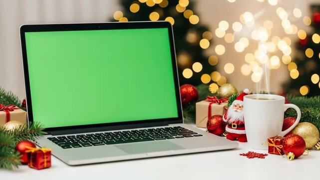 A festive holiday setup with a laptop and Christmas decorations on a table