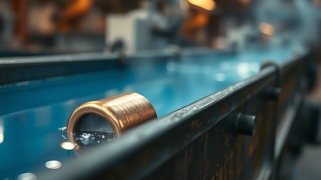 electrolytic. A copper part emerging from a blue electrolytic bath in an industrial setting. safety posters, maintenance manuals, designed for precision metalworking and fabrication facilities.