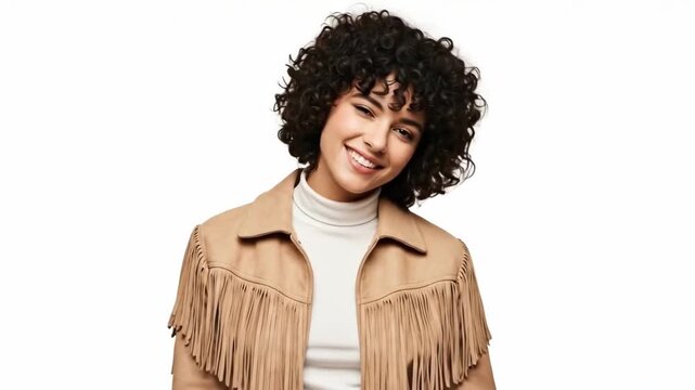 A young woman with curly hair smiling and wearing a fringed jacket