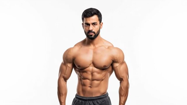 A muscular man flexing his arms in a powerful pose for a fitness