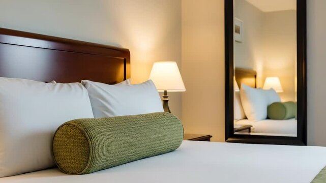 A serene hotel room with a large bed and mirror reflecting a peaceful ambiance