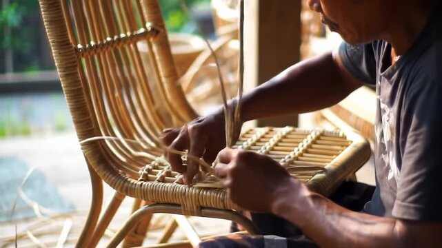 Man weaving rattan chair furniture making.