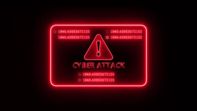 Red neon cyber attack cyber security warning interface animation with glowing digital threat alert panel and futuristic hacker breach monitoring display