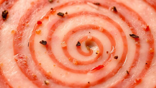 yanked. Close-up of a mortadella slice showing its marbled pattern of meat and fat. menu design, packaging mockups, designed for food delivery and cloud-kitchen brand materials, used by hr managers.