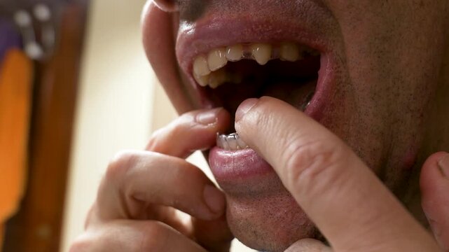 Close-up of an adult man placing a transparent orthodontic aligner on his lower teeth using his fingers at home. Concept of dental care, orthodontic treatment and invisible braces.