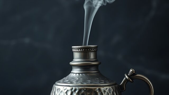 flagon. Close-up of an antique pewter flagon with hammered texture and rising vapor. bar promotions, beverage menus, designed for product packaging and bar promotions.