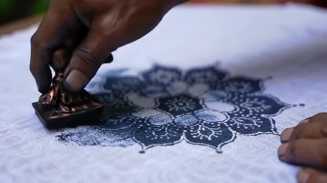 hands making traditional indian block printing.