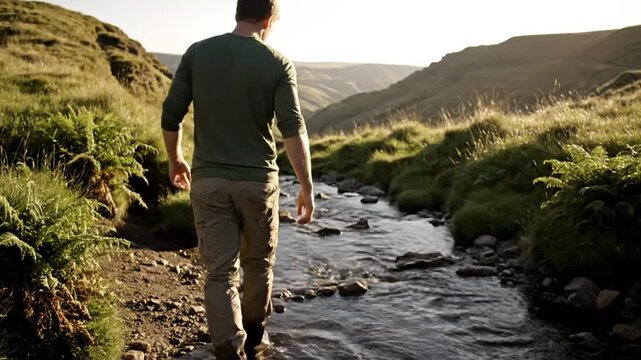 A man walks along a river in a lush, green valley with rolling hills in the background during sunset, surrounded by vibrant nature and peaceful surroundings.