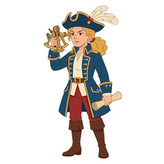 This illustration of a fearless female pirate showcases her adventurous spirit, dressed in a classic pirate outfit and using a telescope, symbolizing exploration and courage at sea.