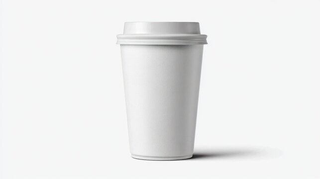 Plain white disposable beverage container with attached lid shown in a close up view
