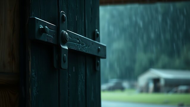 hasp. Weathered barn door with a heavy metal hasp swaying in a rainy atmosphere. real-estate listings, architecture portfolios, designed for architectural facade and classical detail presentations.