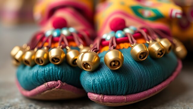 jutti. Colorful traditional shoes decorated with tiny, trembling bells. event programs, museum guides, designed for cultural heritage projects and event programs, elevates cultural identity.