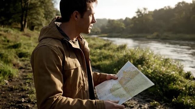 A young man in a brown jacket stands by a riverbank, reading a map during late afternoon sunlight, surrounded by trees and greenery, exploring nature.
