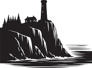 Fototapeta premium Lighthouse standing guard atop a rugged cliff by the crashing ocean waves Vector, illustration