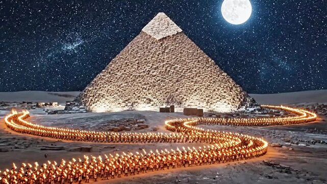 Pyramid builders celebrating completion with torch processions.