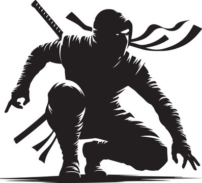 Ninja warrior in dynamic combat pose with multiple blades and a flowing flag. Vector, illustration