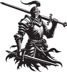 Fototapeta premium Dark knight rising amidst chaos with sword and shield Vector, illustration