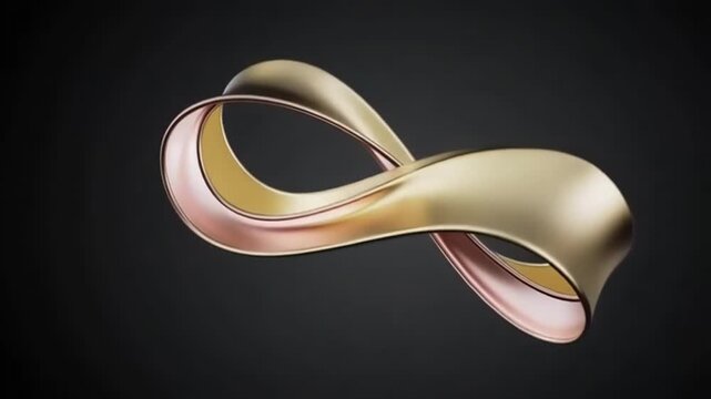 Glossy metallic infinity ribbon curls in rose-gold tones against a dark gradient background; abstract, elegant, modern sculpture