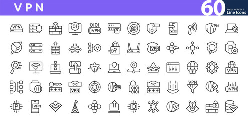 VPN line icon set. Computing, internet, server, data security, wireless communication, IoT, privacy, proxy, firewall, cybersecurity vector icon collection. Editable stroke icons © RI Rafiq