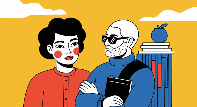 Diverse couple in conversation against a vibrant yellow background with stylized clouds