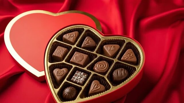 A heart-shaped box of assorted chocolates on a red satin background for Valentine's Day
