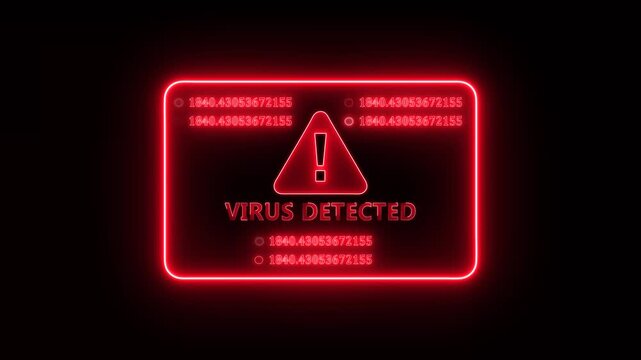 Red neon virus detected cyber security warning interface animation with glowing digital threat alert panel and futuristic network security monitoring display