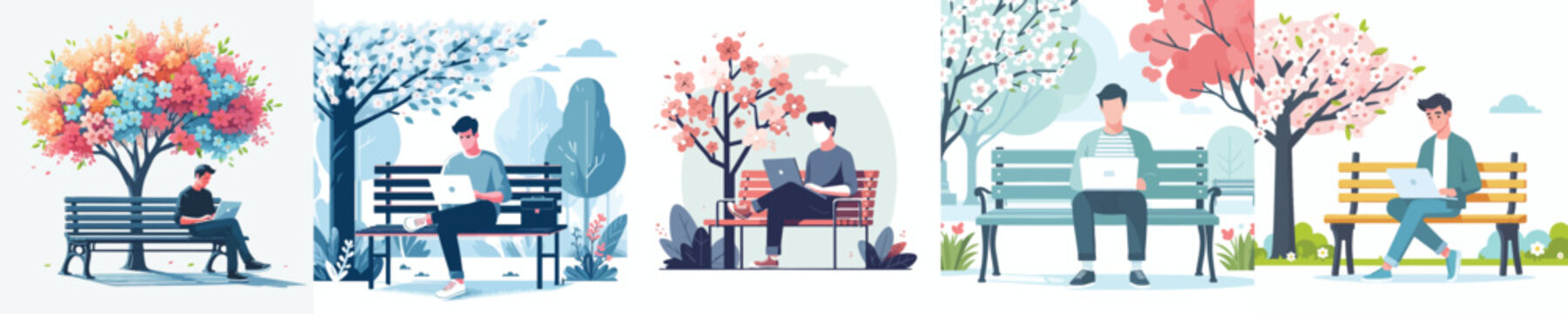 vector man sitting on park bench in spring with a laptop