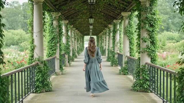 A serene woman in a long dress walking through a beautiful green arbor