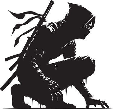 Mysterious ninja warrior crouched in shadowy ambush position with sword Vector, illustration