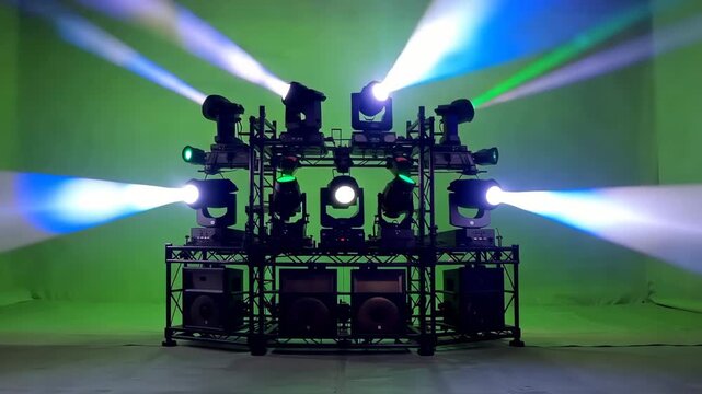 A showcasing a professional lighting setup in a green screen studio with multiple spotlights shining bright beams of light