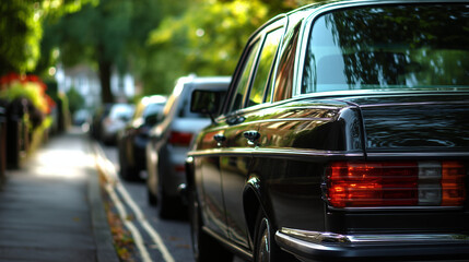Cars parked along street lined with trees and sidewalks on a sunny day with selective focus on shiny black vehicle in foreground