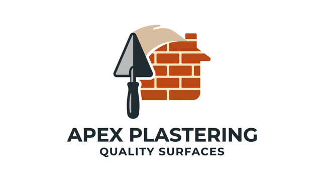 This logo design showcases a trowel with a brick wall and house silhouette, perfect for emphasizing quality plastering and construction services in a professional manner.