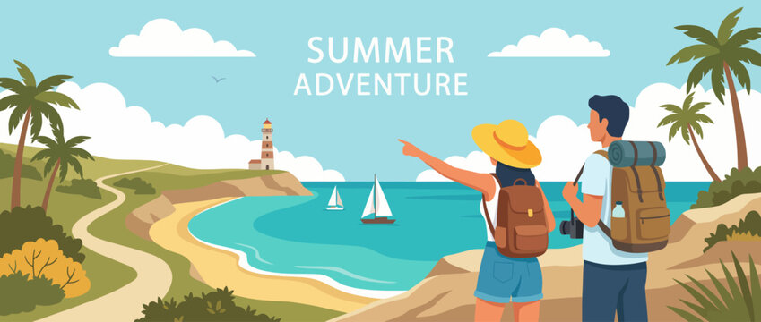This vibrant summer illustration captures two hikers overlooking a beach, evoking a sense of adventure and exploration that tourists and travel agencies can relate to.