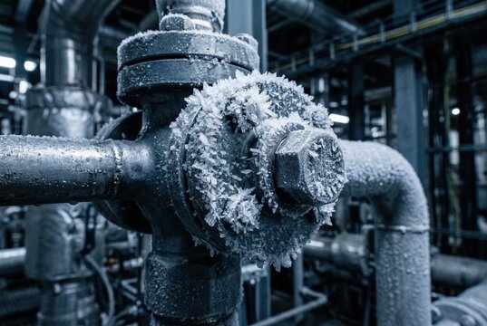 Industrial frost accumulation on mechanized piping showcasing intricate crystalline structures resistant to thermal fluctuations in an advanced cold storage environment