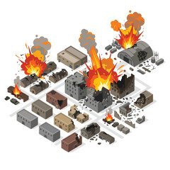 Naklejka premium isometric vector illustration of a military base damaged by a missile attack 1