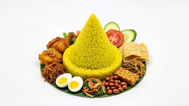 Nasi Tumpeng Indonesian Yellow Rice Cone with Side Dishes.