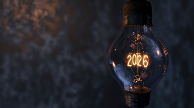 Illuminated Light Bulb with the Year 2026 Glowing Inside in Dark Background