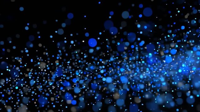 Dynamic blue sparkling particles and glowing bokeh effect flowing against dark background for abstract overlay