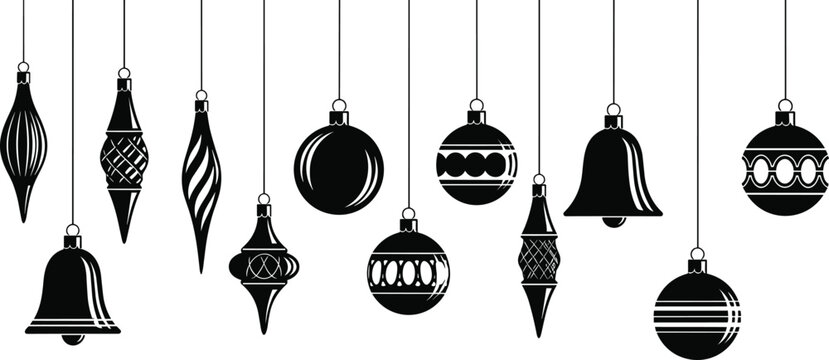 Black and white illustration of hanging christmas ornaments in various shapes and designs